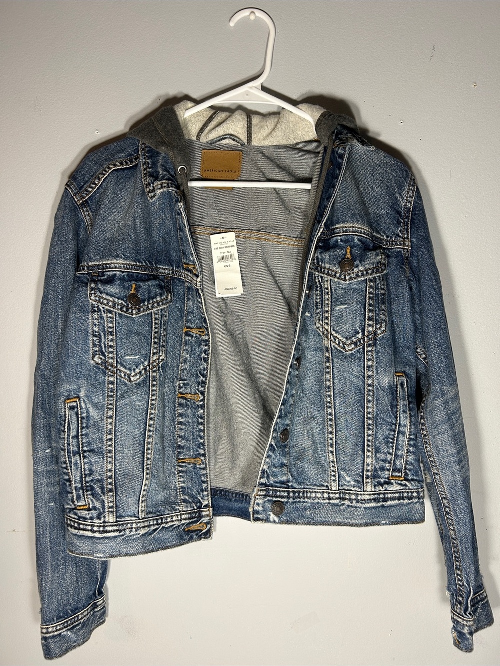 American Eagle Outfitters Blue Denim Jacket with Gray Hood